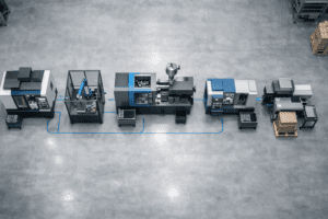 Linea di produzione automatizzata con macchinari industriali e braccio robotico in ambiente pulito.